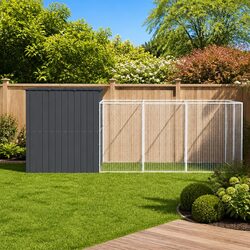 Dog House with Run Anthracite Galvanised Steel Outdoor Pet Kennel Cage Enclosure