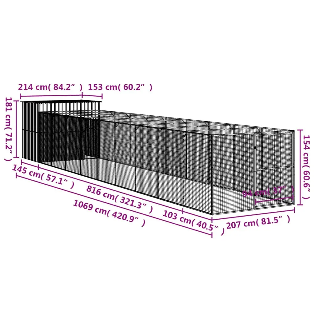 Dog Kennel with Extended Run Galvanised Steel Anthracite Outdoor Pet House