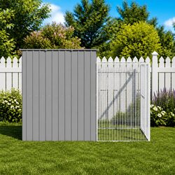 Dog House with Run Light Grey Galvanised Steel Outdoor Pet Kennel Enclosure