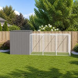 Dog House with Run Light Grey Galvanised Steel Outdoor Kennel Shelter Pet