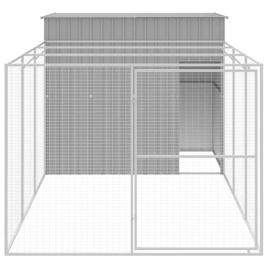 Dog House with Run Galvanised Steel Outdoor Kennel Light Grey