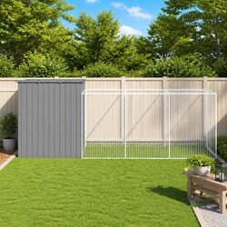Dog House with Run Light Grey Outdoor Pet Kennel Galvanised Steel Cage