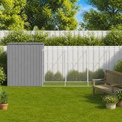 Dog House with Run Grey Galvanised Steel Pet Kennel Outdoor Shelter Cage