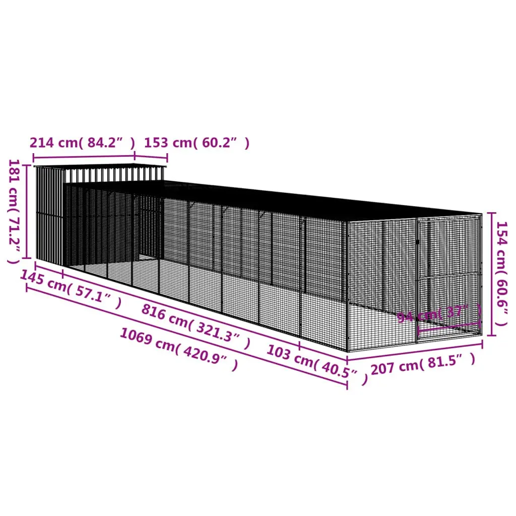 Dog House with Run Galvanised Steel Outdoor Pet Kennel Cage Anthracite