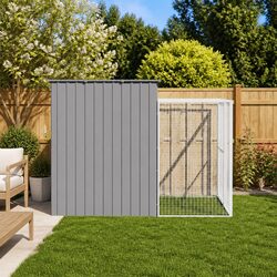 Dog House with Run Light Grey Galvanised Steel Outdoor Pet Kennel Enclosure