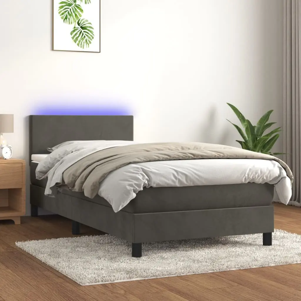 Box Spring Bed with Mattress LED Grey 100x200cm Adjustable Headboard