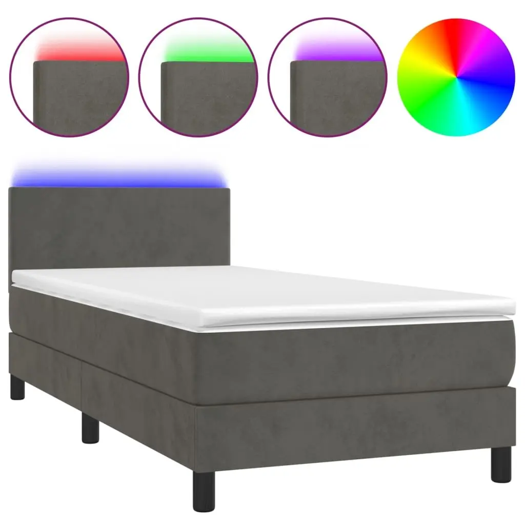 Box Spring Bed with Mattress LED Grey 100x200cm Adjustable Headboard