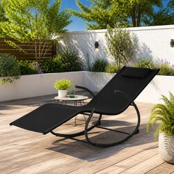 Rocking Sun Lounger Black Steel Frame Textilene Mesh Outdoor Garden Relaxation