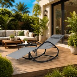 Rocking Sun Lounger Grey Steel Textilene Mesh Outdoor Garden Relaxation Chair