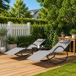 Sun Loungers Rocking Chair Grey 2pc Set Outdoor Garden Relaxation Swing Lounger