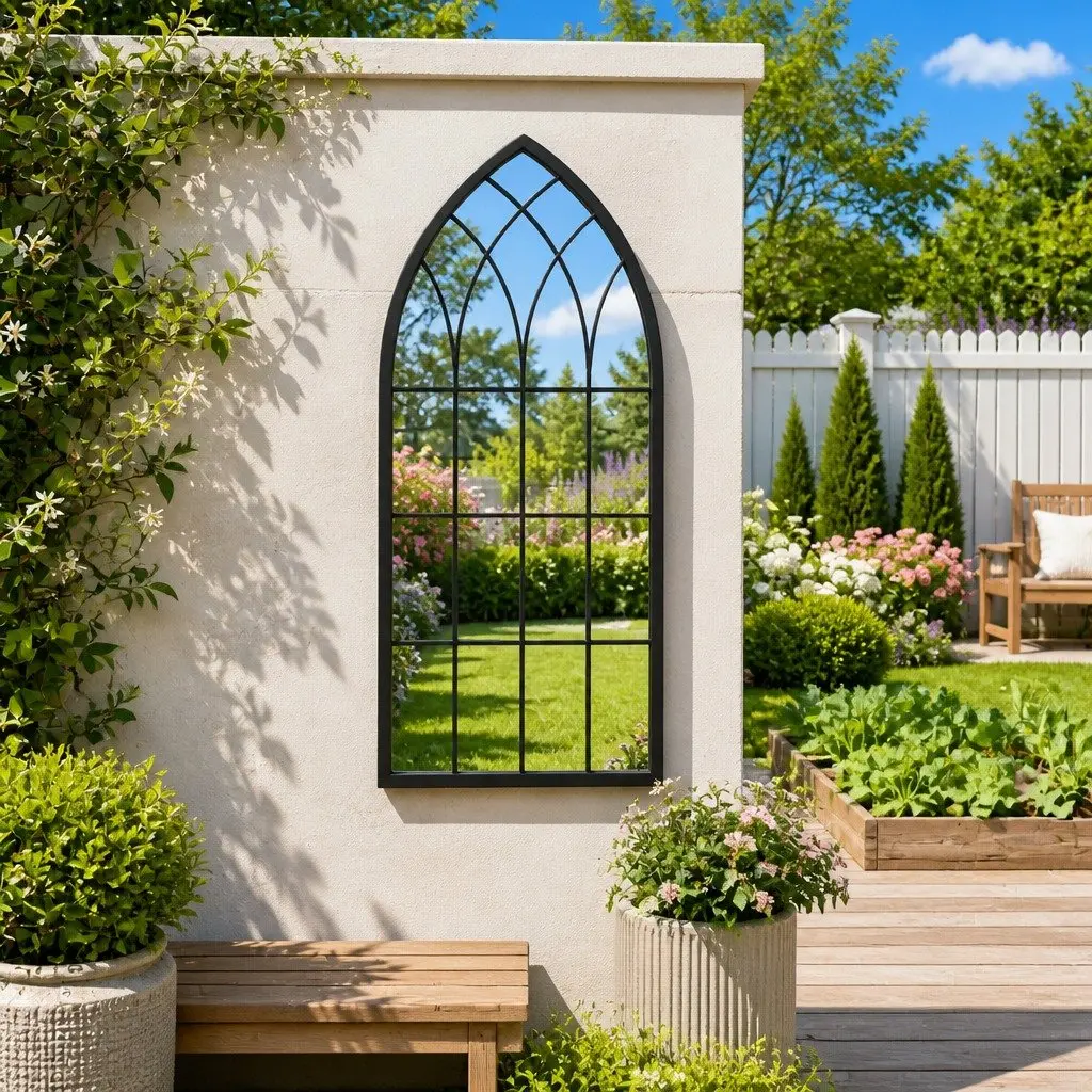 Garden Mirror Reflective Feature 100x45 cm Black Iron Outdoor Wall Mount Decor