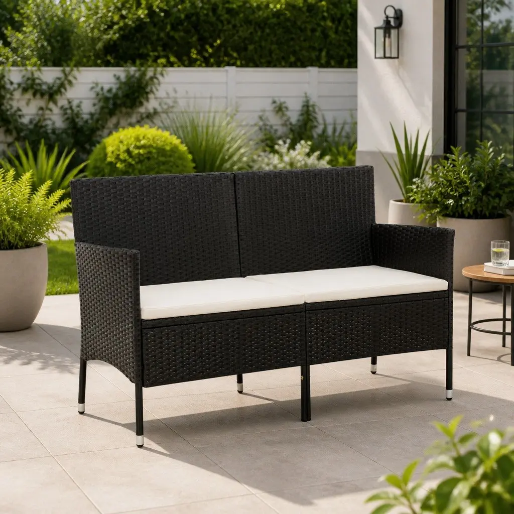 3-Seater Garden Sofa with Cushion Black Poly Rattan Outdoor Patio Couch