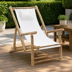 Deck Chair Bamboo Canvas White Outdoor Garden Patio Seating Adjustable Foldable