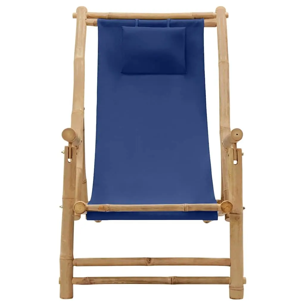 Outdoor Deck Chair Bamboo Frame Adjustable Backrest Foldable Canvas Seat Navy Blue