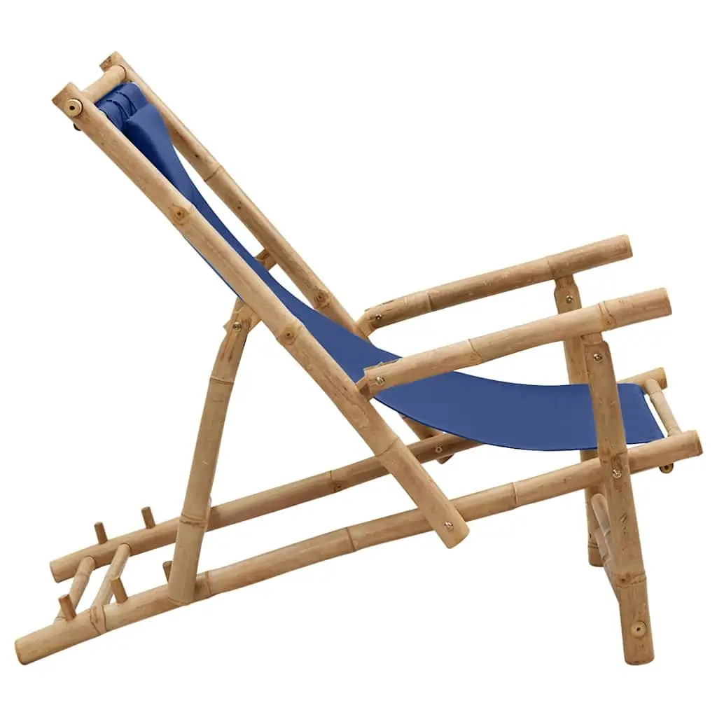 Outdoor Deck Chair Bamboo Frame Adjustable Backrest Foldable Canvas Seat Navy Blue