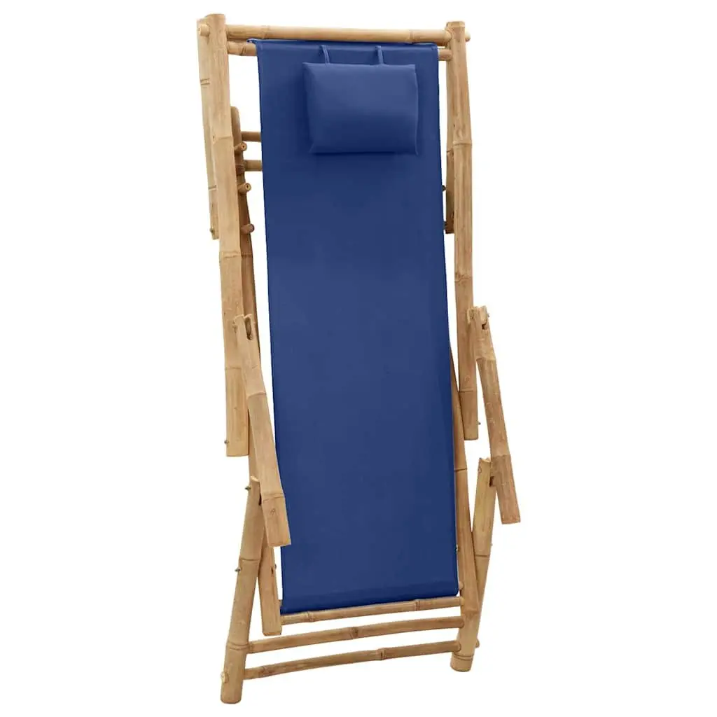 Outdoor Deck Chair Bamboo Frame Adjustable Backrest Foldable Canvas Seat Navy Blue