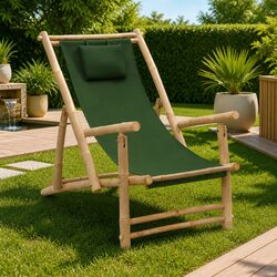 Outdoor Deck Chair Bamboo Frame Canvas Seat Garden Patio Adjustable Backrest