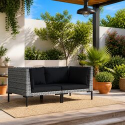 Outdoor Sectional Sofa 2pcs Half Round Rattan Garden Seating with Cushions Grey