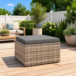 Garden Footrest Ottoman Outdoor Seating with Storage Cushion Grey Poly Rattan