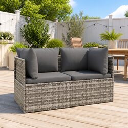 2-Seater Garden Sofa with Cushions Grey Poly Rattan Outdoor Patio Lounge Couch