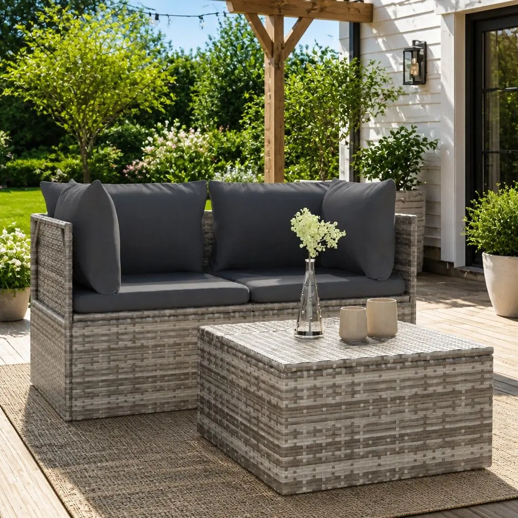 3 Piece Garden Lounge Set Outdoor Sofa with Cushions Grey Poly Rattan Patio