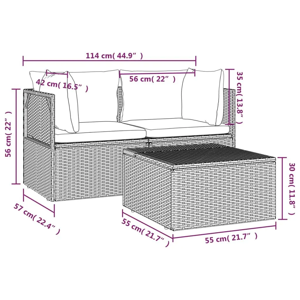 3 Piece Garden Lounge Set Outdoor Sofa with Cushions Grey Poly Rattan Patio