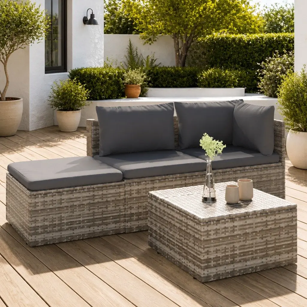 4 Piece Outdoor Garden Lounge Set Grey Poly Rattan Sofa with Cushions and Storage Box