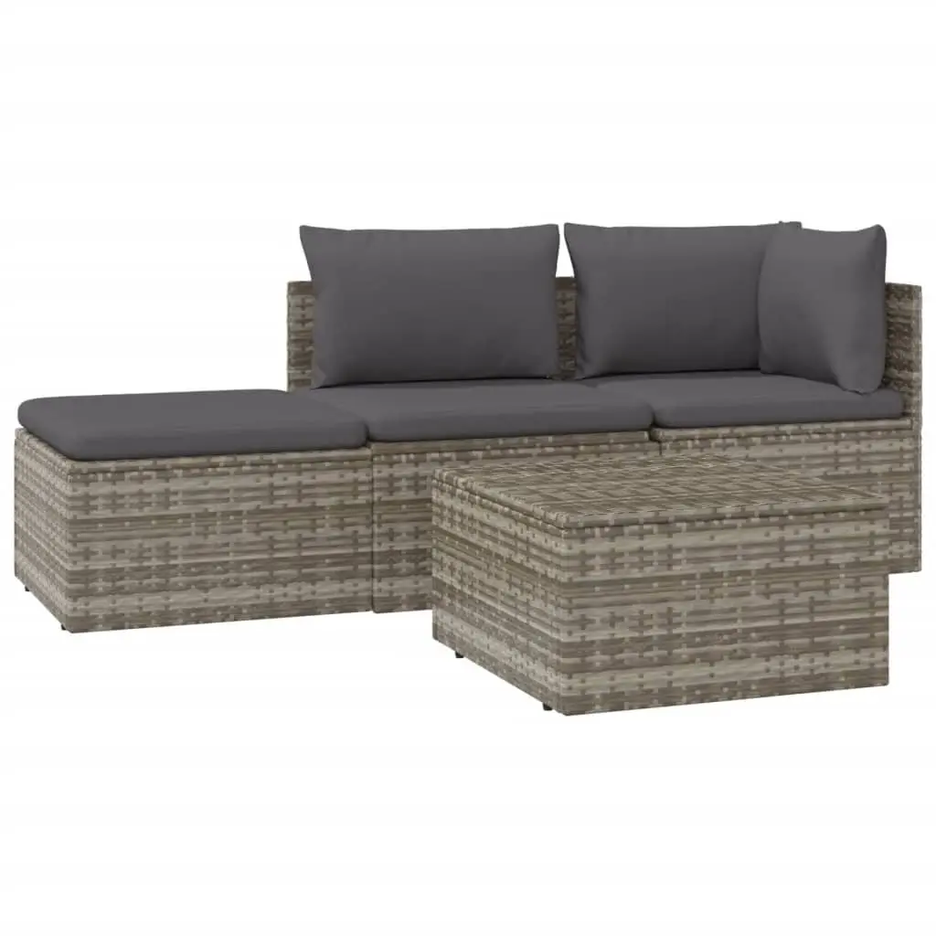 4 Piece Outdoor Garden Lounge Set Grey Poly Rattan Sofa with Cushions and Storage Box