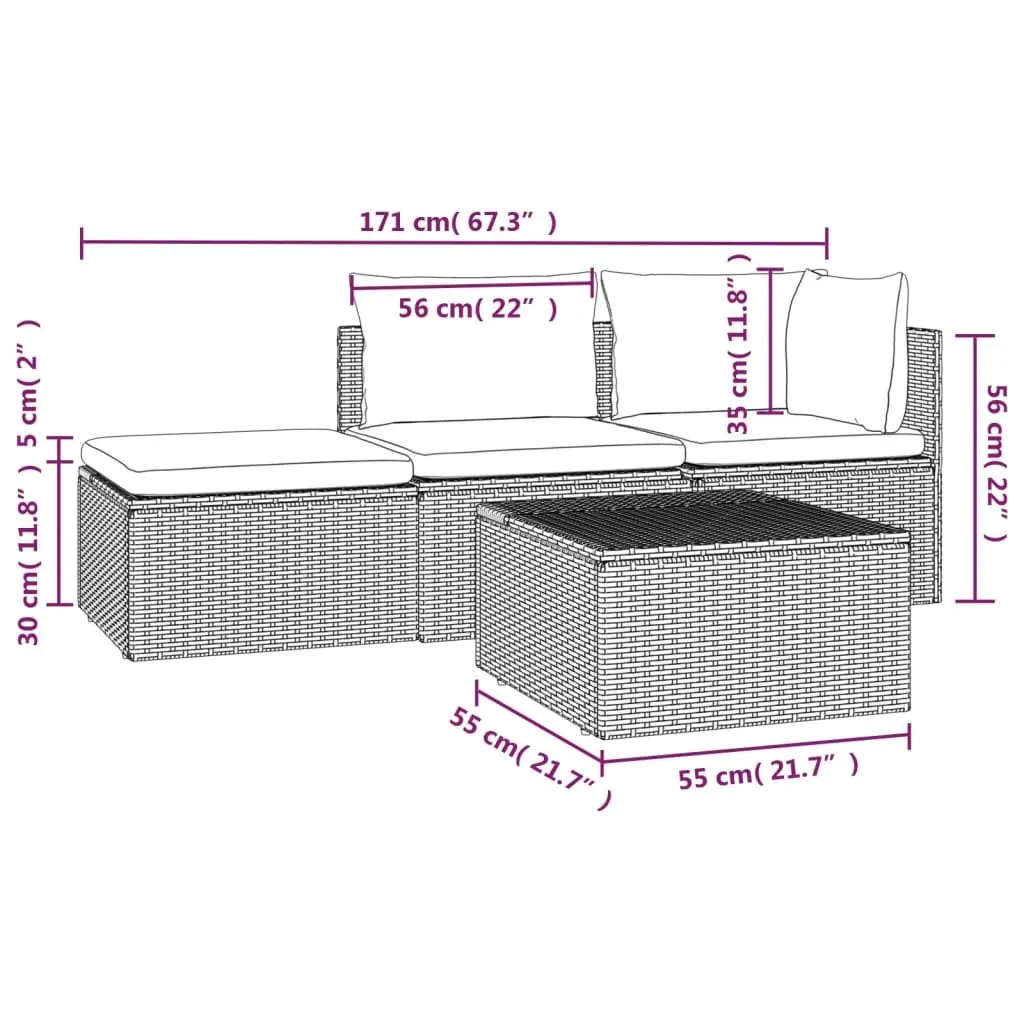 4 Piece Outdoor Garden Lounge Set Grey Poly Rattan Sofa with Cushions and Storage Box