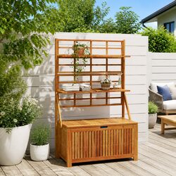 Outdoor Storage Box with Trellis Brown Solid Wood Garden Tool Chest Planter Box