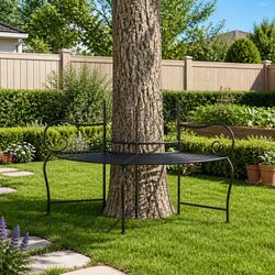 Outdoor Tree Bench 150cm Wrap Around Garden Seating Black Steel Patio Furniture