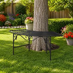 Outdoor Tree Bench 113cm Arc Shaped Garden Seating Metal Patio Furniture Black