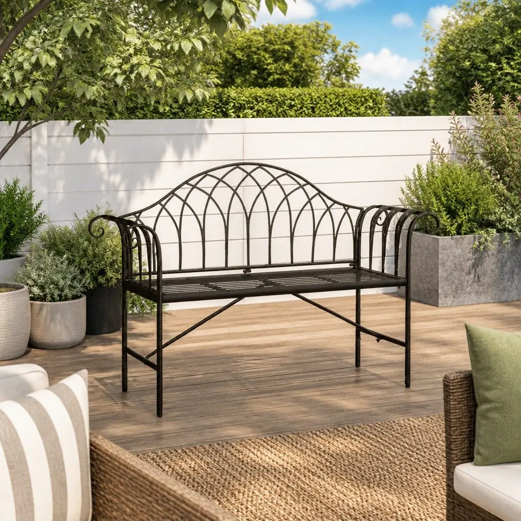 2-Seater Garden Bench 128cm Outdoor Metal Patio Seating Black Steel Frame