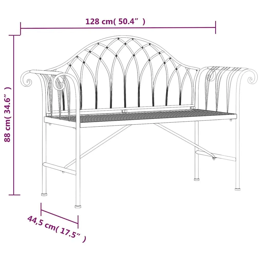 2-Seater Garden Bench 128cm Outdoor Metal Patio Seating Black Steel Frame