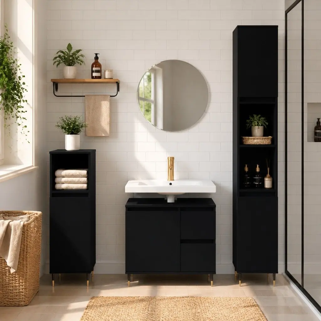 3 Piece Black Bathroom Furniture Set Engineered Wood Sink Cabinet Storage