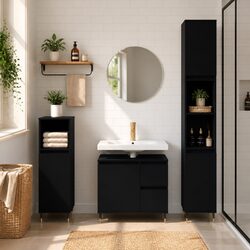 3 Piece Black Bathroom Furniture Set Engineered Wood Sink Cabinet Storage