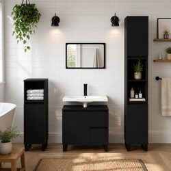 Bathroom Furniture Set 3 Piece Black Engineered Wood Cabinet Sink Vanity Storage