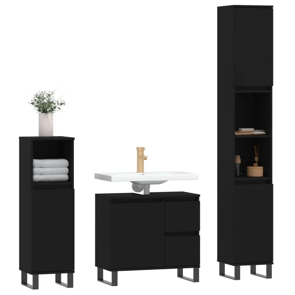 Bathroom Furniture Set 3 Piece Black Engineered Wood Cabinet Sink Vanity Storage