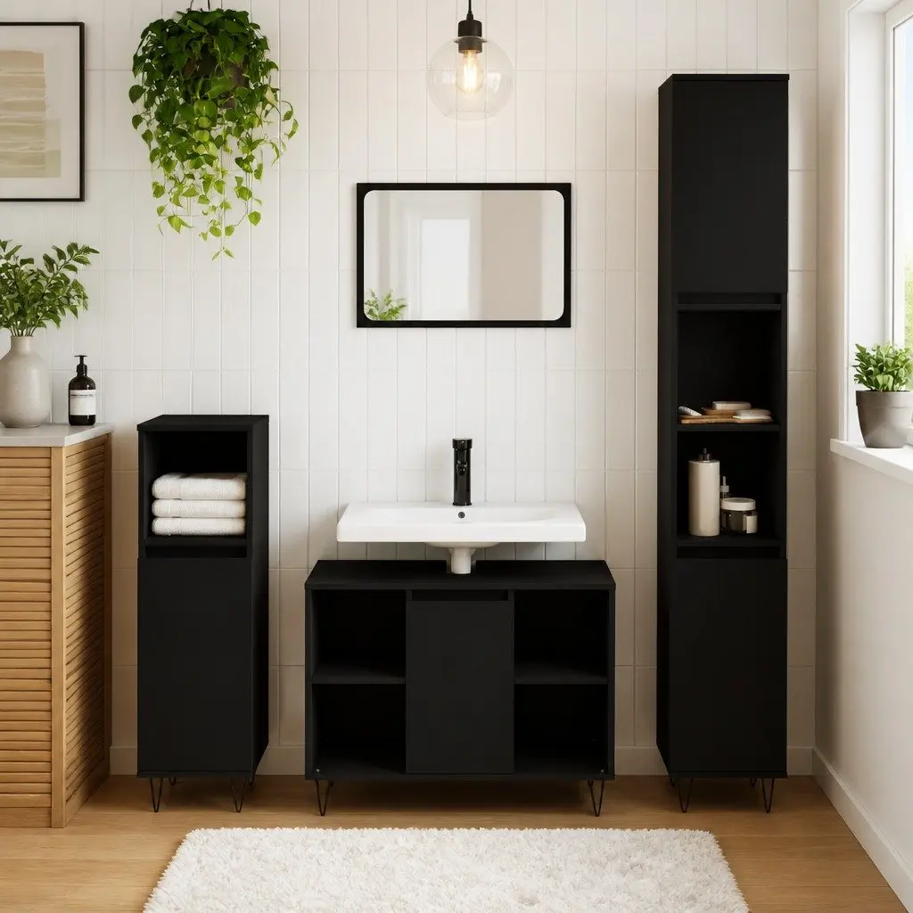 3 Piece Bathroom Furniture Set Black Engineered Wood Cabinet Sink Storage