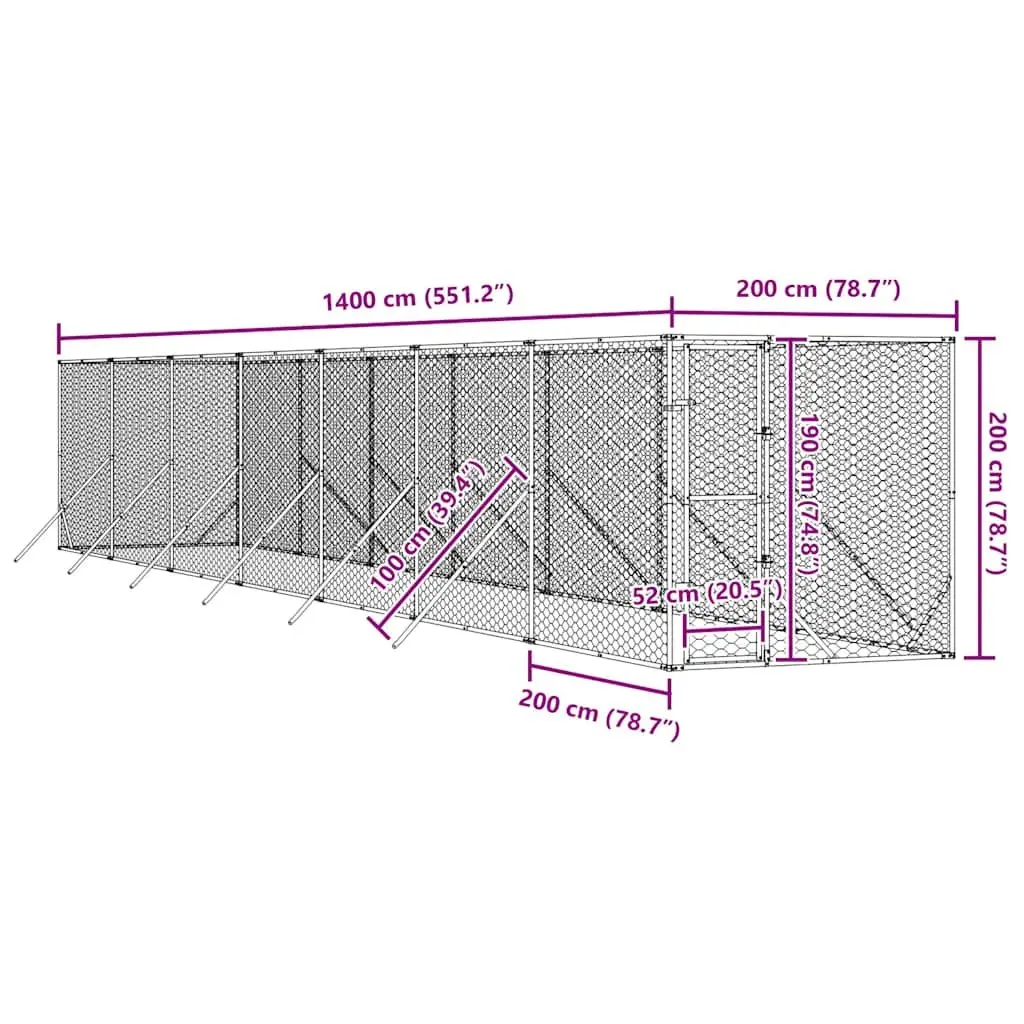 Dog Kennel Galvanised Steel Outdoor Enclosure Lockable Door Mesh 2x14x2m Silver