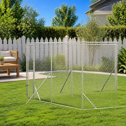 Outdoor Dog Kennel Run Enclosure Silver Galvanised Steel Spacious Animal Cage