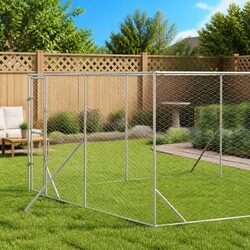 Outdoor Dog Kennel Run Enclosure Silver Galvanised Steel Spacious Lockable Door