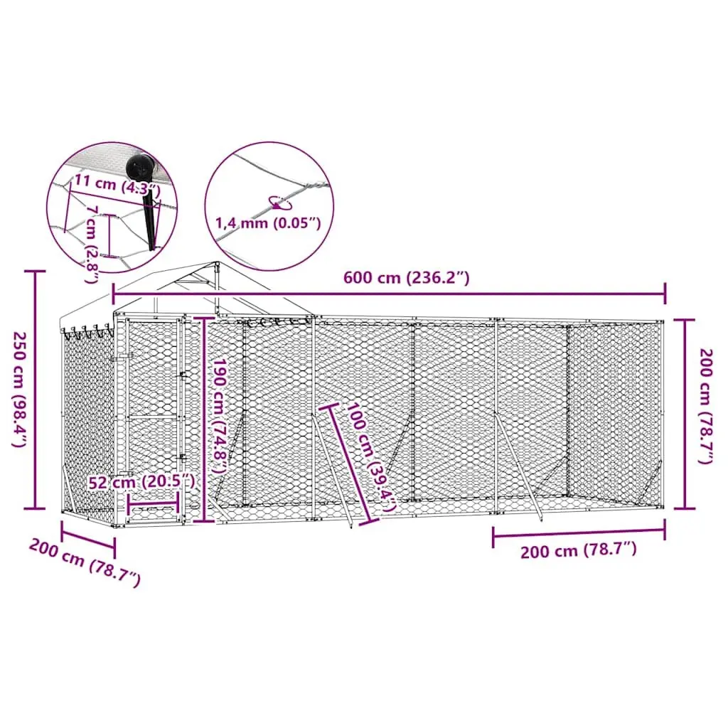 Dog Kennel Outdoor Enclosure with Roof 6x2x2.5m Silver Galvanised Steel