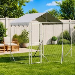 Outdoor Dog Kennel with Roof Silver 4x4x2.5m Galvanised Steel Pet Enclosure Run