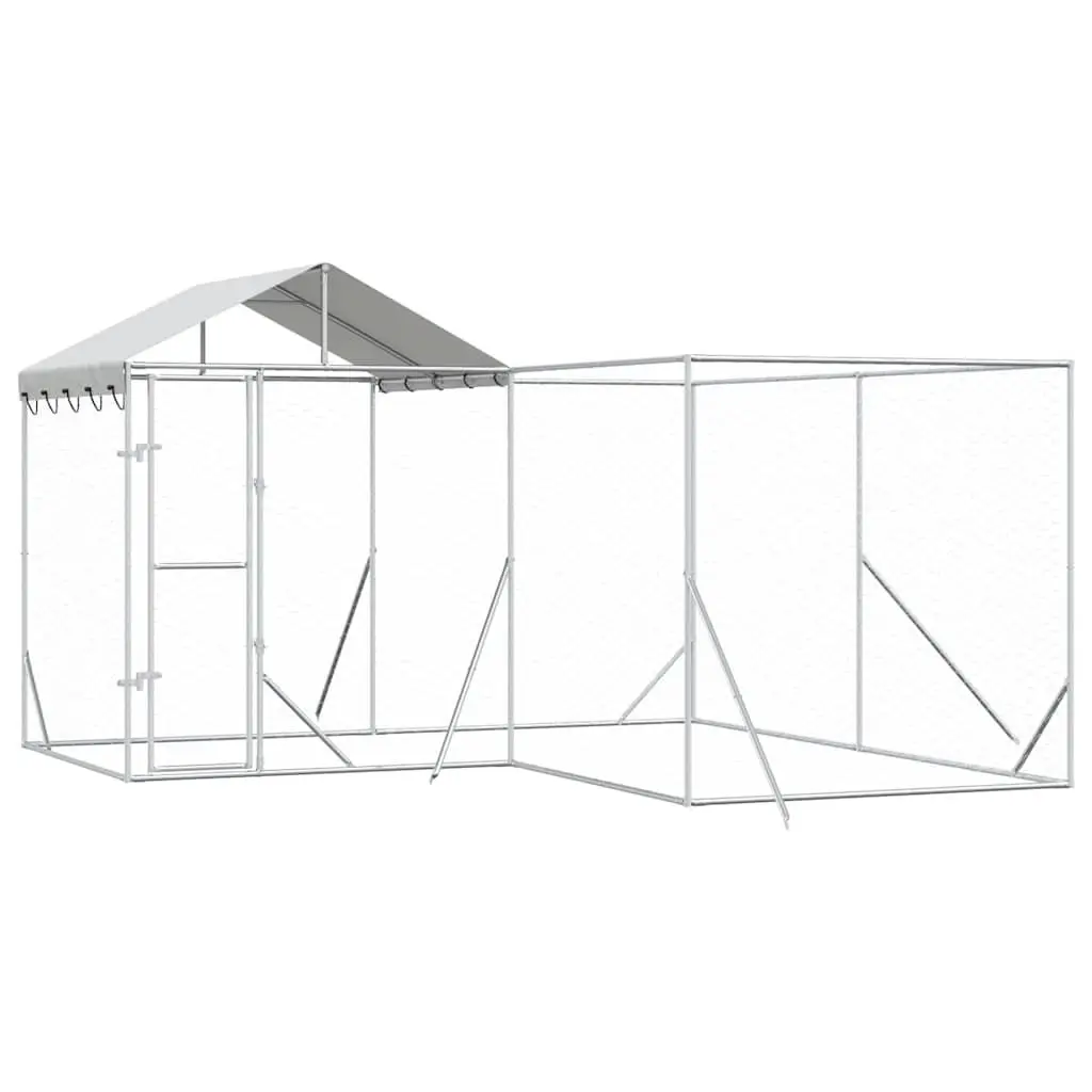 Outdoor Dog Kennel with Roof Silver 4x4x2.5m Galvanised Steel Pet Enclosure Run