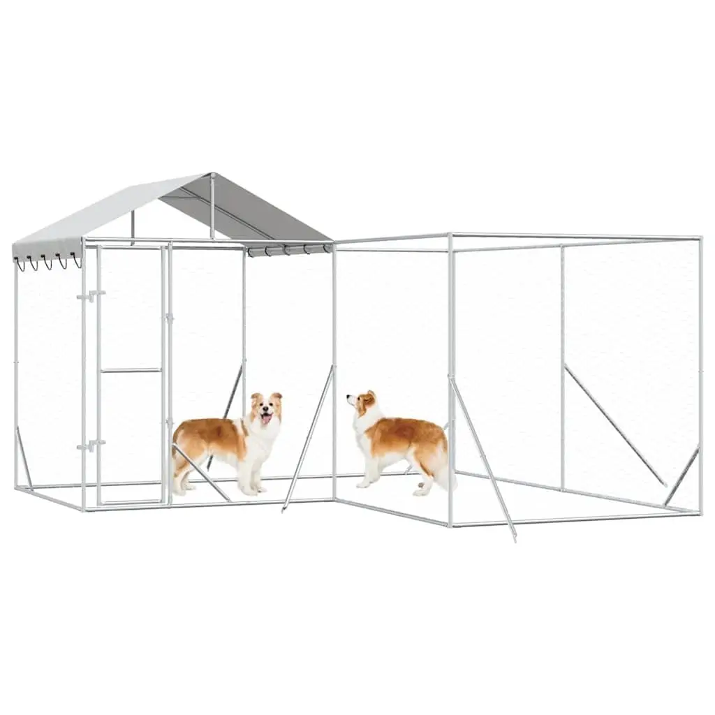 Outdoor Dog Kennel with Roof Silver 4x4x2.5m Galvanised Steel Pet Enclosure Run