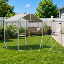 Outdoor Dog Kennel with Roof Silver Galvanised Steel Run Enclosure Shelter