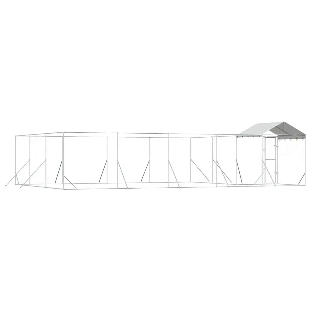 Outdoor Dog Kennel with Roof Silver Galvanised Steel Run Enclosure Shelter