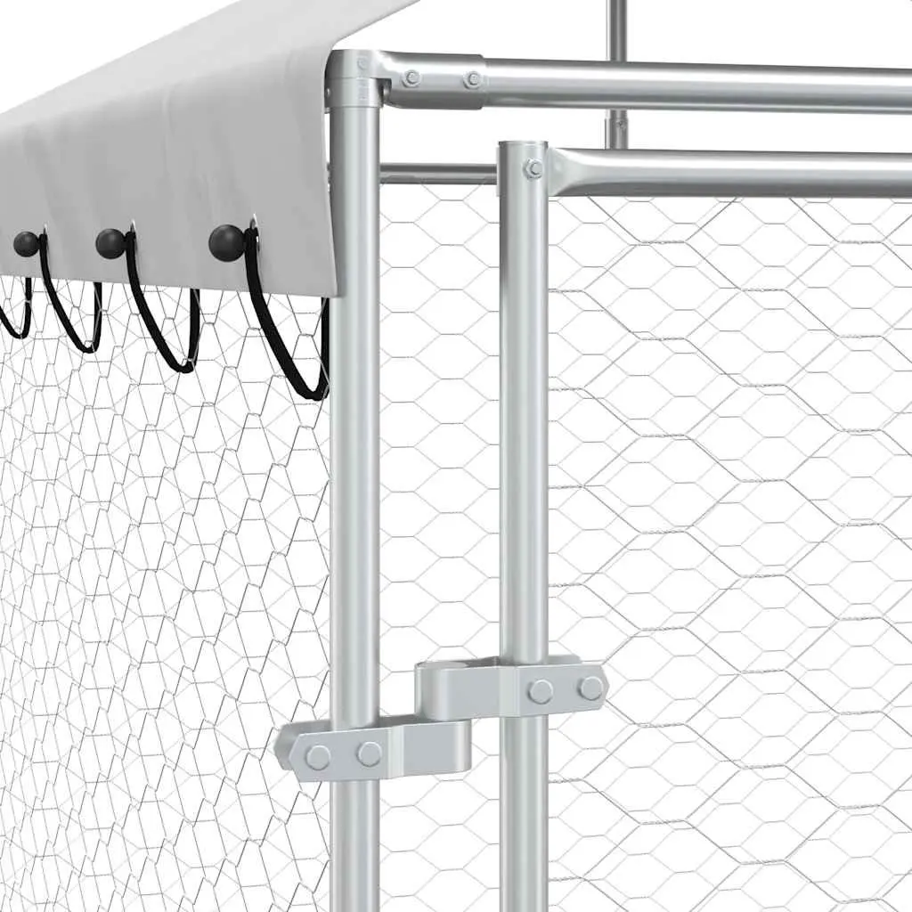 Outdoor Dog Kennel with Roof Silver Galvanised Steel Run Enclosure Shelter