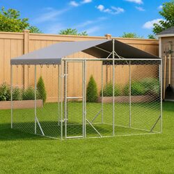 Outdoor Dog Kennel with Roof Silver Galvanised Steel Spacious Enclosure Run Cage